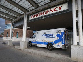 An ambulance sits outside the Brockville Hospital Monday night.