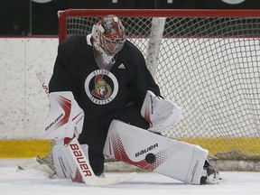 Filip Gustavsson makes a save at the Senators' development camp this week.