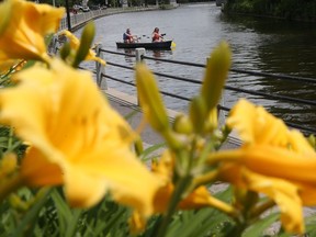 A couple canoe on the Rideau Canal in Ottawa.