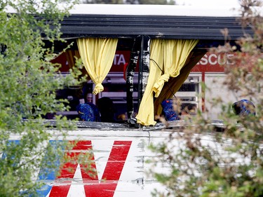 Damage is shown to a bus involved in a serious collision west of Prescott on Highway 401 on Monday, June 4, 2018 near Prescott, Ont.