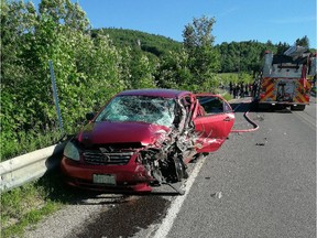 Sedan struck by pickup truck on Highway 309 near Notre-Dame-de-Salette, Que., Monday night