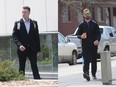 Gee Gees hockey players Guillaume Donovan (L) and David Foucher (R) arrive at the courthouse in Thunder Bay on Monday June 25, 2018.