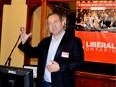 Leeds-Grenville-Thousand Islands and Rideau Lakes Liberal candidate David Henderson addresses supporters at the official opening of his campaign office on King Street West in downtown Brockville.