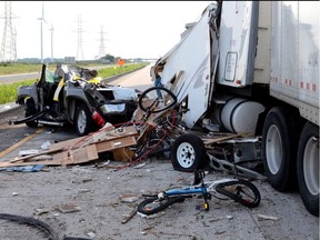 A fatal collision on highway 401 in Chatham-Kent, Ontario on July 30, 2017 is shown in this police handout image.