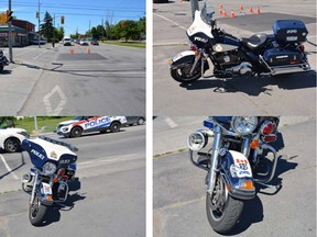 A Kingston police officer was injured and his motorcycle damaged after it was hit by a pickup truck that was driven through a red light in Kingston, Ont. on Tuesday June 19, 2018.