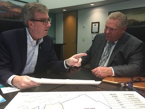 Ottawa Mayor Jim Watson and Premier Doug Ford talk in this file photo from April.
