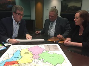 Mayor Jim Watson meets with PC Leader Doug Ford and MPP Lisa MacLeod at city hall in April 2018.