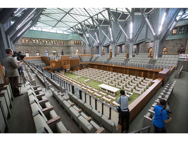 The new House of Commons featuring a vaulted glass ceiling and exposure to the historical building as the media gets a tour of the West Block on Parliament Hill to observe the construction as it begins to near the end and Members of Parliament will begin sitting in the new House of Commons sometime in January 2019. Photo by Wayne Cuddington/ Postmedia