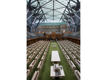 The new House of Commons featuring a vaulted glass ceiling and exposure to the historical building as the media gets a tour of the West Block on Parliament Hill to observe the construction as it begins to near the end and Members of Parliament will begin sitting in the new House of Commons sometime in January 2019. Photo by Wayne Cuddington/ Postmedia