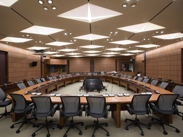 One of the four committee rooms as the media gets a tour of the West Block on Parliament Hill to observe the construction as it begins to near the end and Members of Parliament will begin sitting in the new House of Commons sometime in January 2019. Photo by Wayne Cuddington/ Postmedia