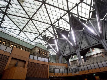 The glass roof above the interim House of Commons Chamber in seen during a media tour of the renovated West Block on Parliament Hill in Ottawa on Friday, June 15, 2018.