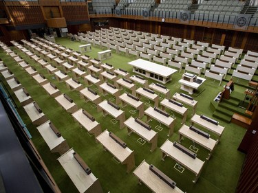 The interim House of Commons Chamber in seen during a media tour of the renovated West Block on Parliament Hill in Ottawa on Friday, June 15, 2018.