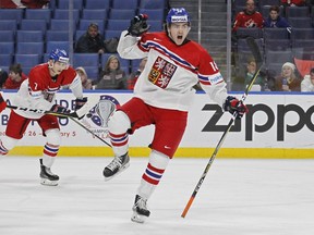 Czech forward Filip Zadina celebrates a goal against Canada during a world junior hockey championship semifinal at Buffalo in January. Zadina is expected to be in Ottawa to meet with Senators officials.