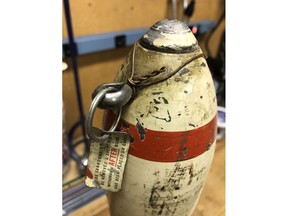 Manitoba RCMP were called to a home in Portage la Prairie on June 4 to dispose of a military bomb, shown in a handout photo, that had been sitting in the basement for at least 25 years. THE CANADIAN PRESS/HO-Manitoba RCMP MANDATORY CREDIT