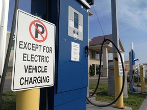 An electric car charging station in Peterborough, Ont.