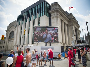 Canada Day celebrations took over the downtown core of Ottawa Sunday July 1, 2018. Prime Minister Justin Trudeau was on the video during the noon show as he called in from Leamington, ON.