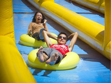 The 'mega glisse,' a 600-foot water slide, took over Main Street, a perfect way to cool down on a sunny Saturday.