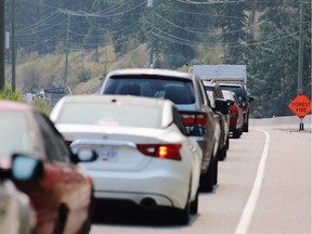 Traffic was stopped along shore line of Highway 97 heading towards Summerland, B.C., on Thursday.