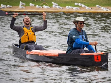 The Kingston to Ottawa 200 (K2O) Paddling Race is an ultra endurance marathon paddling race through a UNESCO World Heritage site, the Rideau Canal waterway. The race also incorporated a 100km, 50km and 25km race in their fourth year completing the race.   Team Dos Amigos cheers as they paddled into the finish line after completing the 200km paddle race Sunday July 22, 2018.