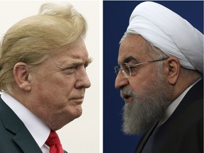 This combination of two pictures shows U.S. President Donald Trump, left, on July 22, 2018, and Iranian President Hassan Rouhani on Feb. 6, 2018. In his latest salvo, Trump tweeted late on Sunday, July 22 that hostile threats from Iran could bring dire consequences. This was after Iranian President Rouhani remarked earlier in the day that "American must understand well that peace with Iran is the mother of all peace and war with Iran is the mother of all wars." Trump tweeted: "NEVER EVER THREATEN THE UNITED STATES AGAIN OR YOU WILL SUFFER CONSEQUENCES THE LIKE OF WHICH FEW THROUGHOUT HISTORY HAVE EVER SUFFERED BEFORE."