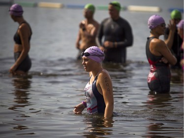 The 37th Annual National Capital Triathlon took place Saturday July 28, 2018 at Mooney's Bay and the surrounding area. Alaina Dunn along with other swimmers get prepared to start the Super Sprint Saturday.   Ashley Fraser/Postmedia