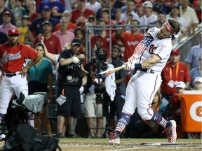 Bryce Harper of the Washington Nationals and National League competes in the semifinals during the T-Mobile Home Run Derby at Nationals Park on July 16, 2018 in Washington, DC.