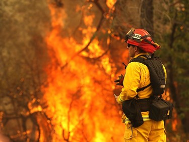 REDDING, CA - JULY 28:  A Redding firefighter looks on as the Carr Fire moves through the area on July 28, 2018 in Redding, California. A Redding firefighter and a bulldozer operator were killed battling the fast moving Carr Fire that has burned over 80,000 acres and destroyed hundreds of homes. The fire is 5 percent contained.