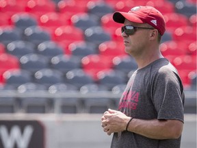 Ottawa Redblacks head coach Rick Campbell watches his team during practice at TD Place stadium on Monday. Errol McGihon/Postmedia