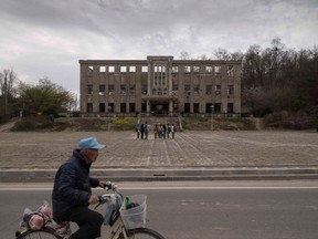 A photo taken on April 22, 2018 shows the former North Korean Workers Party Headquarters in Cheorwon.