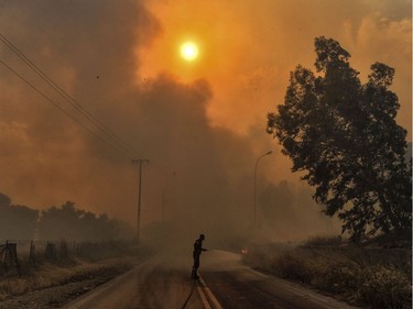TOPSHOT - A firefighter tries to extinguish hotspots during a wildfire in Kineta, near Athens, on July 23, 2018.  More than 300 firefighters, five aircraft and two helicopters have been mobilised to tackle the "extremely difficult" situation due to strong gusts of wind, Athens fire chief Achille Tzouvaras said.