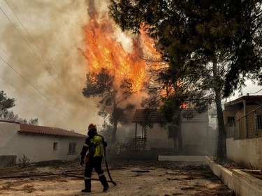 TOPSHOT - A firefighter tries to extinguish hotspots during a wildfire in Kineta, near Athens, on July 23, 2018.  More than 300 firefighters, five aircraft and two helicopters have been mobilised to tackle the "extremely difficult" situation due to strong gusts of wind, Athens fire chief Achille Tzouvaras said.