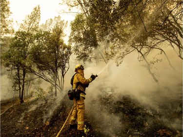 Firefighter Scott Brown sprays water on a backfire while battling the Carr Fire in Redding, Calif., on Saturday, July 28, 2018.