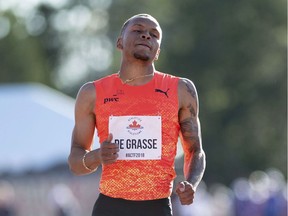 Andre De Grasse competes in the semifinal of the senior men's 100 metres of the Canadian track and field championships at the Terry Fox Athletic Facility on Friday.