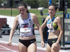 Winner Gabriela Stafford, right, consoles her sister Lucia following the women's 800m final at the 2018 Canadian Track and Field Championships in Ottawa on Sunday, July 8, 2018.