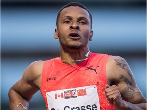 Andre De Grasse, seen here in a race in B.C. in June, pulled up with an apparent hamstring injury in Saturday's 200-metre semifinals at the Canadian track and field championships at the Terry Fox Athletic Facility.