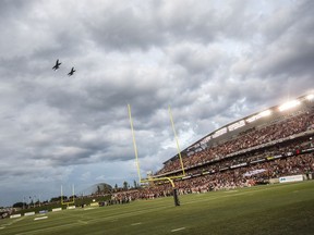 Two CF-18 Hornets perform a flypast in 2016 over TD Place. One CF-18 is scheduled to do a flypast Thursday night.