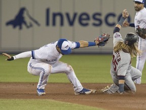 Minnesota Twins' Taylor Motter comes up safe stealing second base as Toronto Blue Jays' Lourdes Gurriel JR. tries to make the tag in the fifth inning of their American League MLB baseball game in Toronto on Tuesday July 24, 2018.
