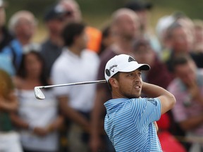 Xander Schauffele of the US plays off the 16th tee during the third round of the British Open Golf Championship in Carnoustie, Scotland, Saturday July 21, 2018.