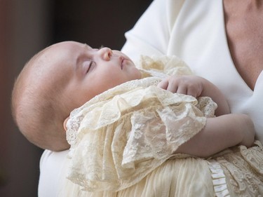 Kate, Duchess of Cambridge carries Prince Louis as they arrive for his christening service at the Chapel Royal, St James's Palace, London, Monday, July 9, 2018. (Dominic Lipinski/Pool Photo via AP) ORG XMIT: LLT113