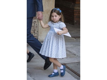 Princess Charlotte leaves after the christening service of Prince Louis at the Chapel Royal, St James's Palace, London, Monday, July 9, 2018.