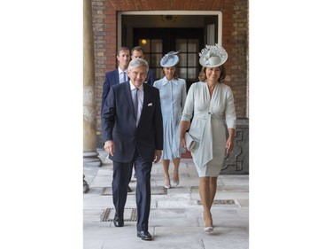 Michael and Carole Middleton, with Pippa Middleton and James Matthews arrive for the christening of Prince Louis at the Chapel Royal, St James's Palace, London, Monday, July 9, 2018.