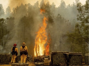 Flames leap above firefighters battling the Carr Fire in Redding, Calif., on Saturday, July 28, 2018.