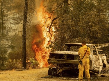 A firefighter battling the Carr Fire observes nearby flames in Redding, Calif., on Saturday, July 28, 2018.