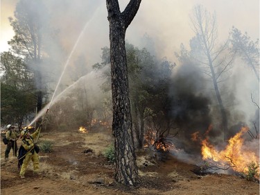 Firefighters hose down flames from an advancing wildfire Saturday, July 28, 2018, in Redding, Calif.
