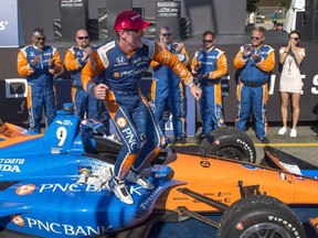 Winner Scott Dixon celebrates after winning the Honda Toronto Indy in Toronto on Sunday, July 15, 2018.