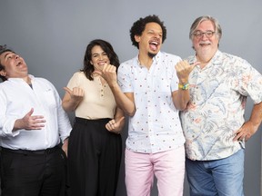 Matt Groening, from left, Abbi Jacobson, Eric Andre and Josh Weinstein, cast members of the Netflix series "Disenchantment," pose for a photo during the Netflix portrait session at Television Critics Association Summer Press Tour at The Beverly Hilton hotel on Sunday, July 29, 2018, in Beverly Hills, Calif.