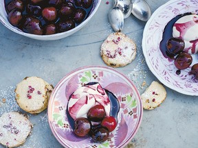 Cherries in wine with cardamom cream and rose pistachio shortbread from How to Eat a Peach by Diana Henry.