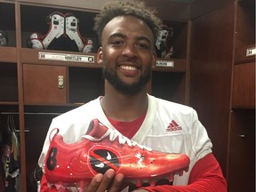 Ottawa Redblacks receiver Noel Thomas Jr. will wear cleats with a customized Deadpool logo on them Friday in Montreal.