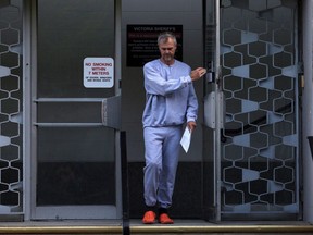 Harold Backer leaves the B.C. Provincial Court building in Victoria, B.C., on Monday, May 1, 2017. A former Olympic rower who mysteriously disappeared for nearly 18 months has pleaded guilty to a fraud charge. Harold Backer changed his plea today in Victoria provincial court on a single charge of fraud over $5,000.