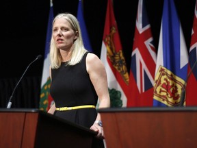 Minister of Environment and Climate Change Catherine McKenna speaks at a press conference after a meeting with provincial and territorial environment ministers in Ottawa on Thursday, June 28, 2018. The federal government sees Ontario's cancellation of its cap and trade program as equivalent to withdrawing from the national climate change framework and is reconsidering more than $400 million in funding as a result.THE CANADIAN PRESS/ Patrick Doyle